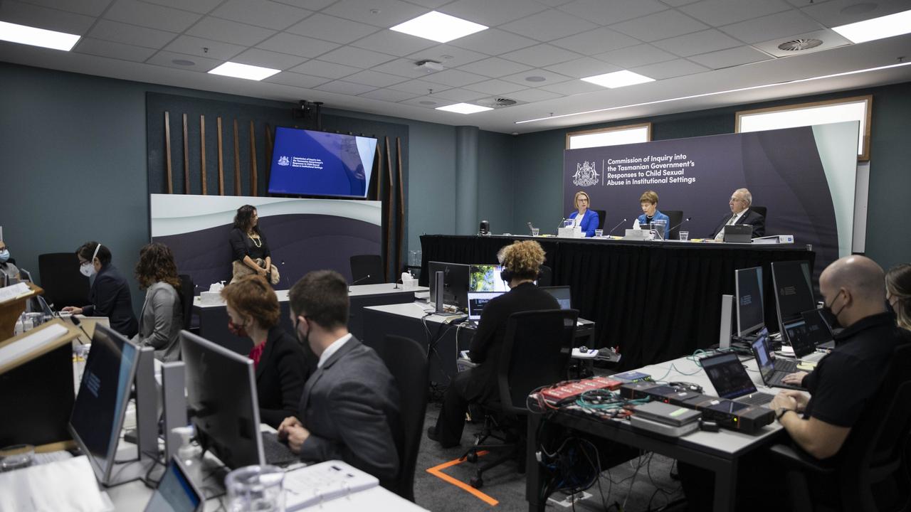 The Commission of Inquiry into the Tasmanian Government’s Responses to Child Sexual Abuse in Institutional Settings in Hobart. Commissioners Professor Leah Bromfield (left), the Honourable Marcia Neave AO (centre) and the Honourable Robert Benjamin AM (right) on the bench. Picture: Maren Preuss/ABC