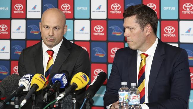 Adelaide Crows chief executive (right) with coach Matthew Nicks. Picture: Sarah Reed