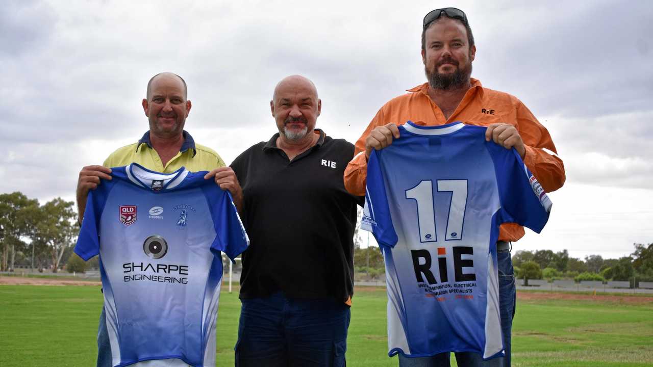 TEAMWORK: Mark Street, president of Roma Cities RLFC, with Bruce Chapman and Jamie Short of RIE. Picture: Jorja McDonnell