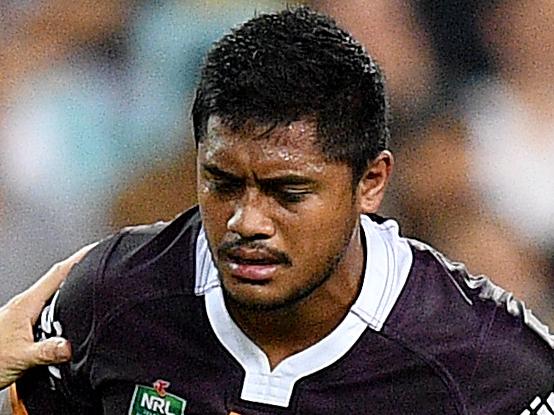 Anthony Milford of the Broncos receives attention from a trainer after a late shoulder charge from George Burgess of the Rabbitohs, during the Round 8 NRL match between the South Sydney Rabbitohs and the Brisbane Broncos at ANZ Stadium in Sydney, Friday, April 21, 2017. (AAP Image/Dan Himbrechts) NO ARCHIVING, EDITORIAL USE ONLY