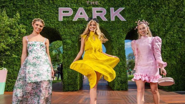 From left, VRC ambassador Georgia Connolly, Melbourne Cup Carnival ambassador Tegan Martin and Myer Fashions on the Field ambassador Crystal Kimber. Picture: Jason Edwards