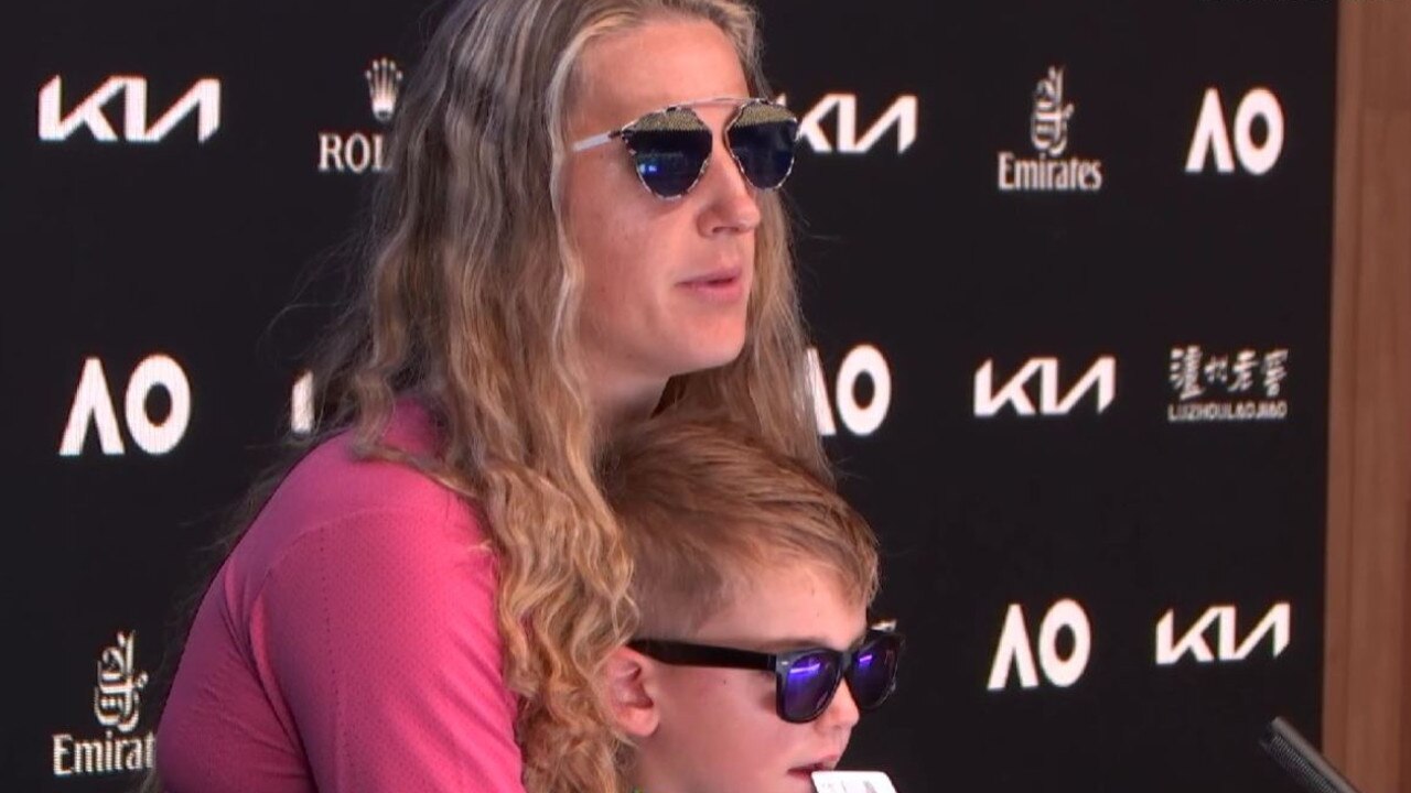 Victoria Azarenka brought her 5-year-old son into the interview room — and he stole the show! Picture: Twitter