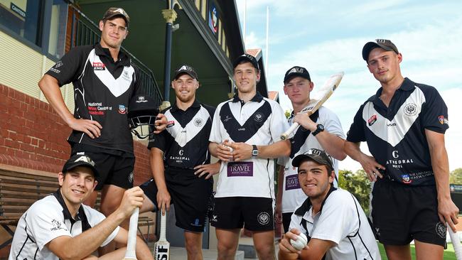 Phil Salt, third from left, during his stint at Adelaide University Cricket Club in 2018 with Ben Wakim, Michael Burgess, Sam Kerber, Hamish Martin, Ben Ellis and James McCollum. Picture: Tom Huntley