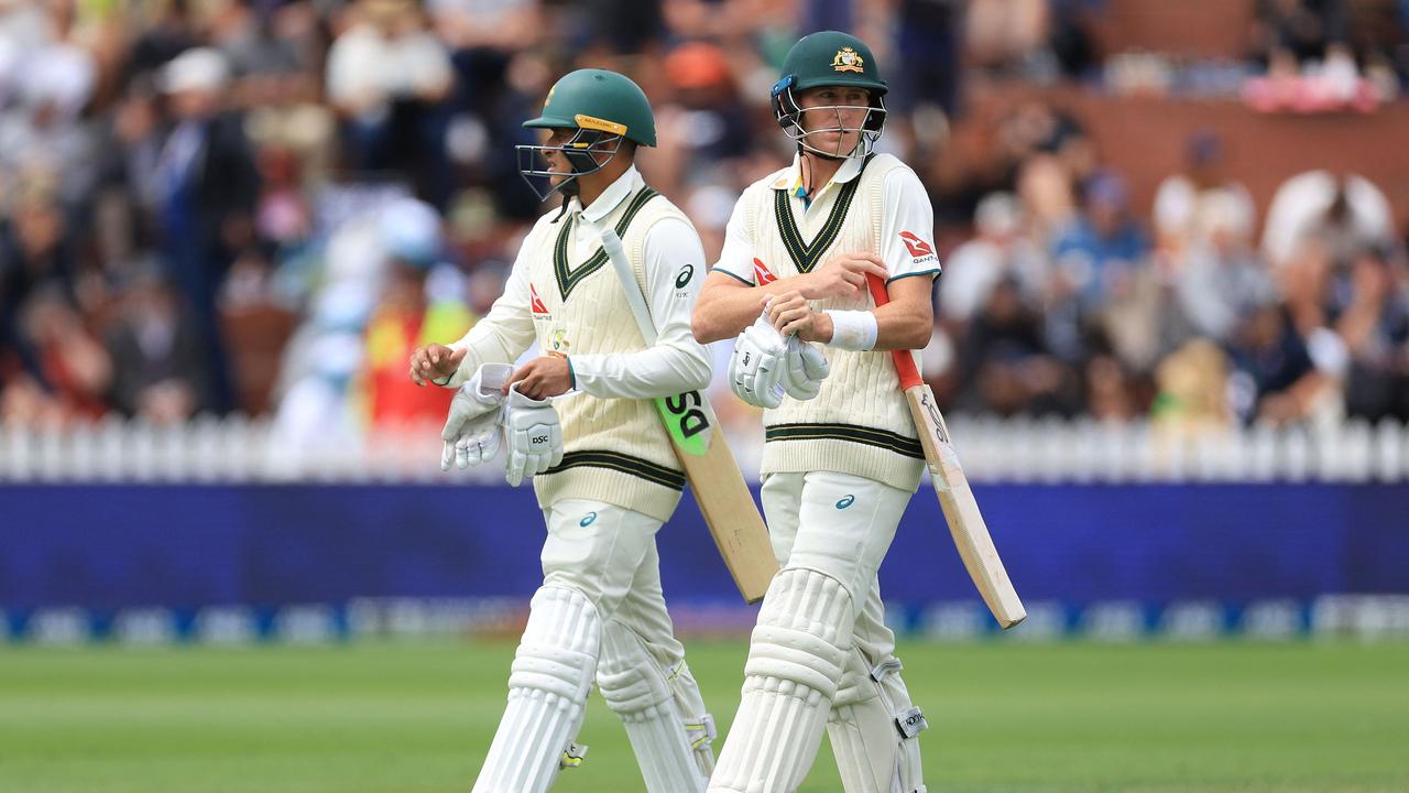 Khawaja (left), with teammate Marnus Labuschagne, is a key member of the Australian side. (Photo by Marty MELVILLE / AFP)