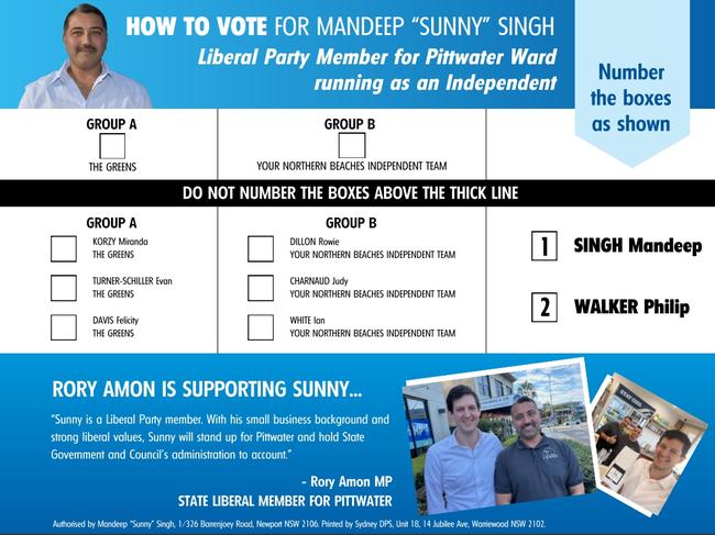 Mandeep “Sunny” Singh’s campaign material, with an endorsement from Rory Amon, registered on August 27.