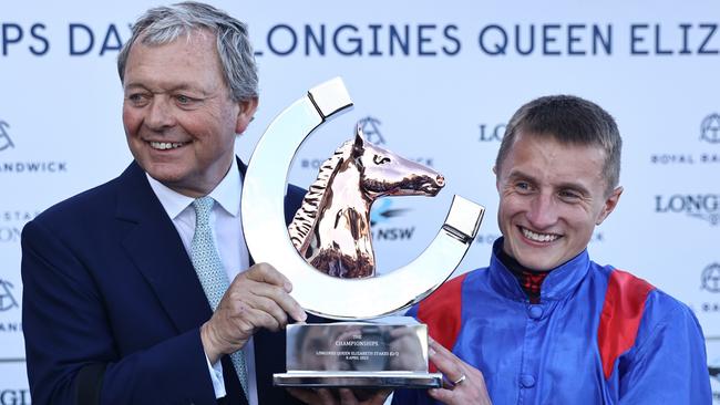 Williams Haggas and Tom Marquand with the Queen Elizabeth Stakes trophy. Picture: Jeremy Ng/Getty Images