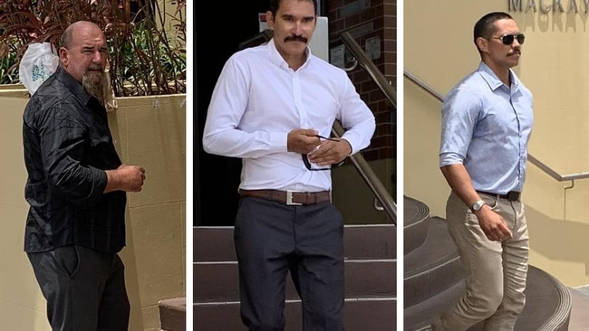 Nigel Purcell (centre), 36, and Alandos Purcell (right), 34, along with their stepfather Wayne Emmerson (left), 47, fronted court in Mackay on Monday, November 14, 2022. Picture: Duncan Evans.