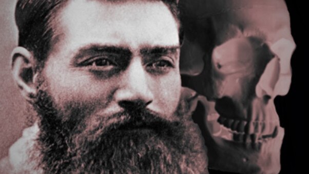 A photograph of Ned Kelly after his arrest and, inset, a skull believed to be his that was stolen from the gaol in 1978. Picture: State Library of Victoria,