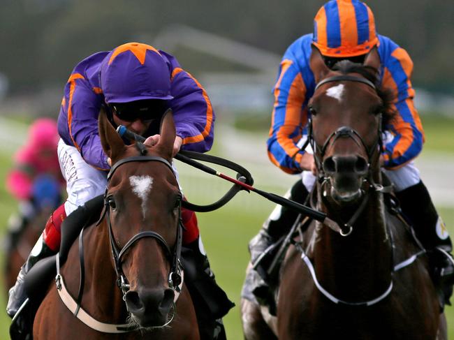 NEWBRIDGE, IRELAND - SEPTEMBER 11:  Frankie Dettori riding Wicklow Brave (L) win The Palmerstown House Estate Irish St Leger from Order Of St George (R) at Curragh racecourse on September 11, 2016 in Newbridge, Ireland. (Photo by Alan Crowhurst/Getty Images)