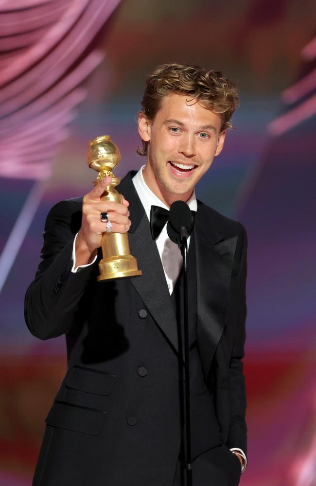 Austin Butler accepts the Best Actor in a Motion Picture – Drama award for "Elvis" onstage at the 80th Annual Golden Globe Awards. Picture: Getty