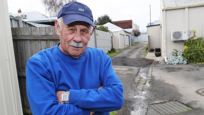 Resident Terry Graham has been urging Geelong council to fix Keown Place in Geelong. Picture: Alan Barber