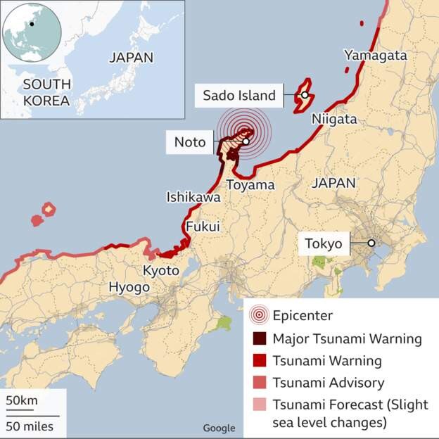 The "major" warning in Noto was downgraded to a lower level tsunami warning. Picture: Japan Meteorological Association.