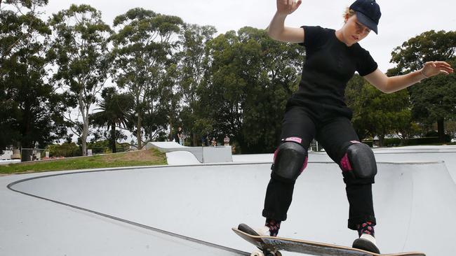 Pro Skater Poppy Olsen in action at Five Dock Skate park. Picture: John Appleyard