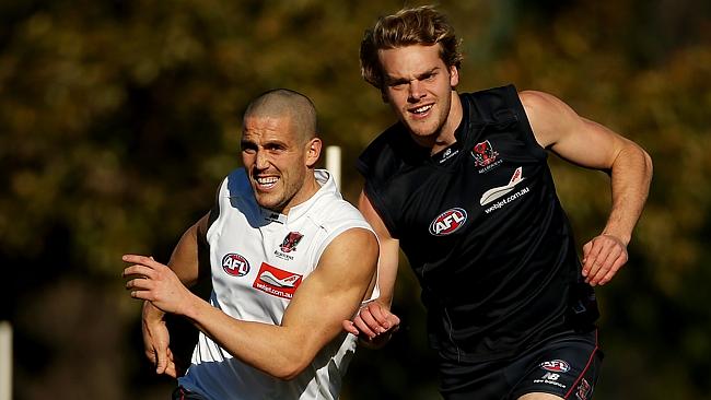 James Magner, left, at Melbourne training with Jack Watts.