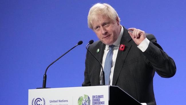 British Prime Minister Boris Johnson speaks at the COP26 climate summit in Glasgow on Tuesday. Picture: Getty Images