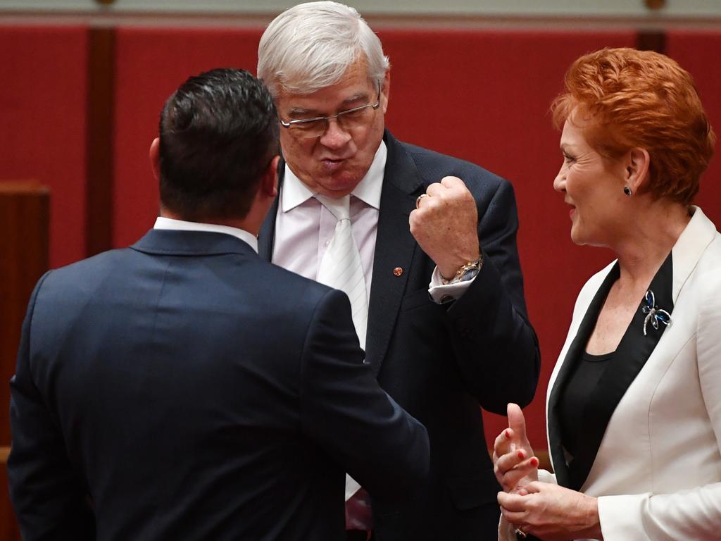 The court heard Mr Burston leaked a story to the media about former One Nation Senator Peter Georgiou (pictured with his back to the camera) during his defamation trial against Pauline Hanson (pictured right). Picutre: AAP/Mick Tsikas