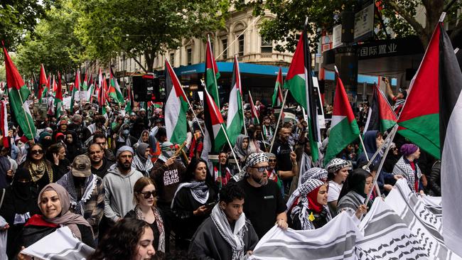 Pro-Palestine supporters march towards Victorian Parliament House during a Free Palestine Rally Picture: NCA NewsWire / Diego Fedele