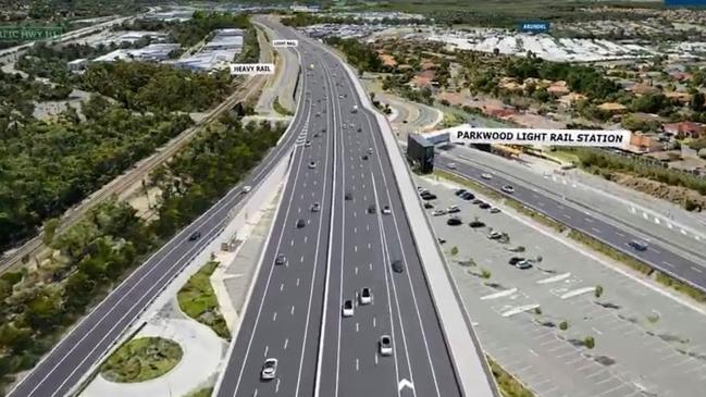 Artist's impression – Coomera Connector approaching Parkwood light rail station.