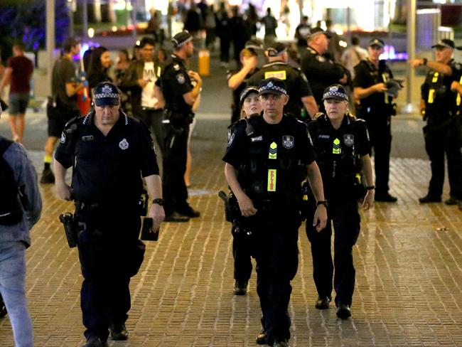 Police patrol as People walk home after the midnight Fireworks at South Bank Lagoon at New Years Eve, South Brisbane, Tuesday 31st December 2019 - Photo Steve Pohlner