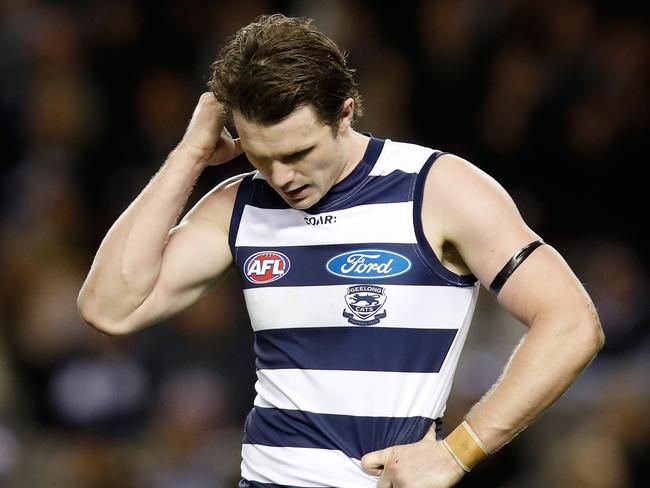 MELBOURNE, AUSTRALIA - JULY 29: Patrick Dangerfield of the Cats looks on during the 2017 AFL round 19 match between the Carlton Blues and the Geelong Cats at Etihad Stadium on July 29, 2017 in Melbourne, Australia. (Photo by Michael Willson/AFL Media/Getty Images)