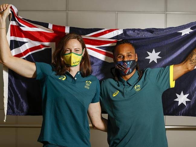 CONTACT OLYMPICS PIC EDITOR Cameron Tandy BEFORE USING------Tokyo 2020 Olympic Games. The Australian flag bearers press conference announcement at the Main Press Centre in Tokyo, Japan,. Basketball's Patty Mills and Swimming's Cate Campbell both set to carry the flag.  Picture: Alex Coppel.