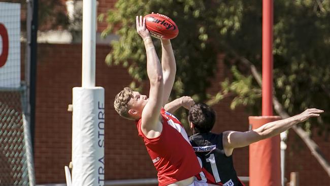 Alex Barns takes a mark for North against Murray Waite. Picture: AAP/Mike Burton