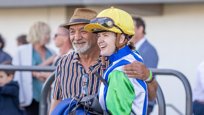 George Dimitropolous celebrating a win with jockey Stacey Metcalfe. Picture: Makoto Kaneko