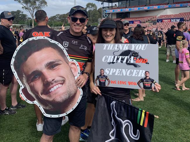 Penrith super fans Tim Peatman and Rose Mccue turn around for Fan Day after watching the Panthers storm to victory last night at a packed Accor Stadium. . Picture: Elizabeth Pike