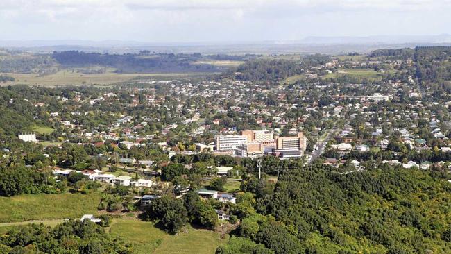 An aerial of Lismore near the base hospital. Picture: Jay Cronan