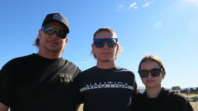 Tristan, Jacob and Ella Taylor drove all the way from Perth in a campervan to see the Finke action for the first time. Picture: Gera Kazakov