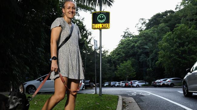 Cairns Regional Council has found that the roadside speed warning signs that flash red when you speed and flash green with a happy face are slowing motorists, with speed decreases of over 20 kilometres per hour shown after the installation of the radar. Bonni Barker from Brinsmead takes her kelpie cross Daisy walking along Collins Aenue in Edge Hill a couple of times a week, and has noticed a difference in motorist's behaviours after the installation of the electronic signs. Brendan Radke