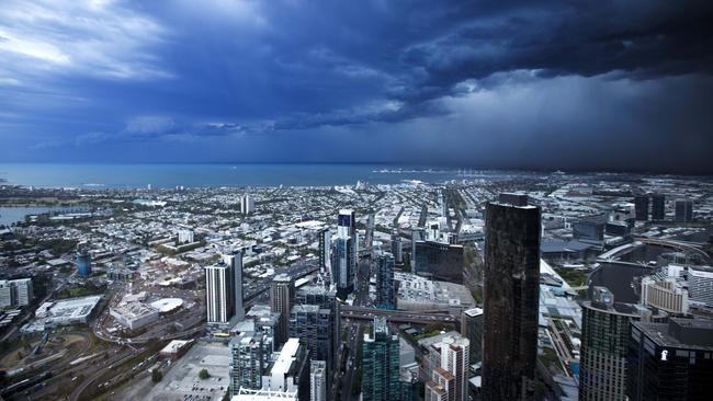 The view from Eureka Tower as the storm descends on Melbourne. Picture: Norm Oorloff