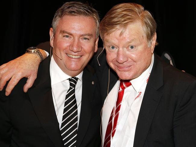 Richard Colless and Eddie McGuire share a moment — they’re not usually this friendly.