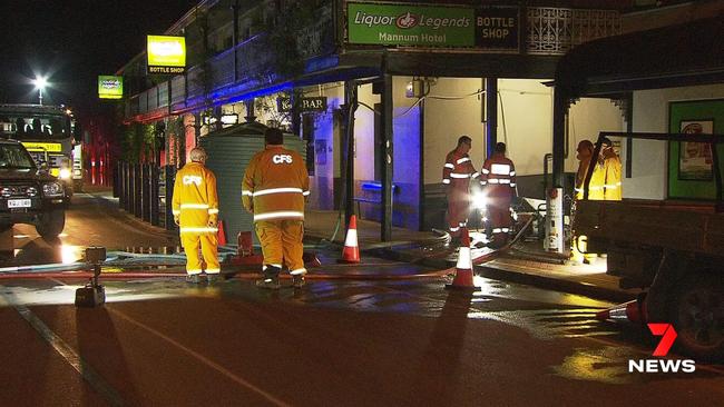 Emergency crews outside the Mannum Hotel after the basement was flooded with water on New Year’s Eve. Picture: 7NEWS