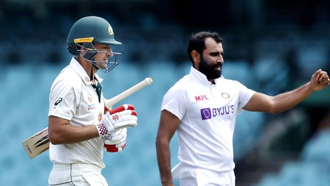 Australia A's Joe Burns departs lbw to India's Mohammed Shami during the tour match at the SCG. Picture: Phil Hillyard