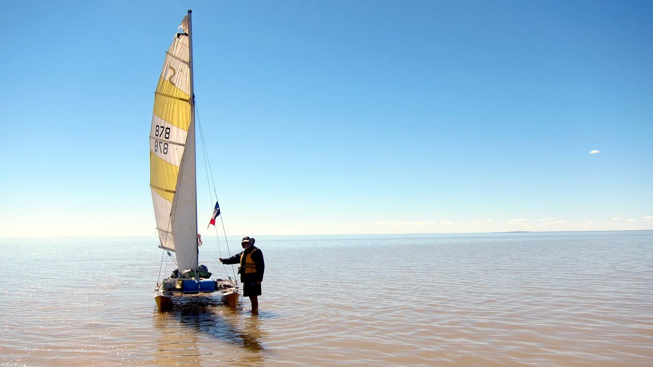 Bob Backway sailing on Lake Eyre. Pictures: David Norrish.