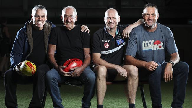 Current and former Port Adelaide coaches Mark Williams, John Cahill, Ken Hinkley and Matthew Primus. Picture: Sarah Reed