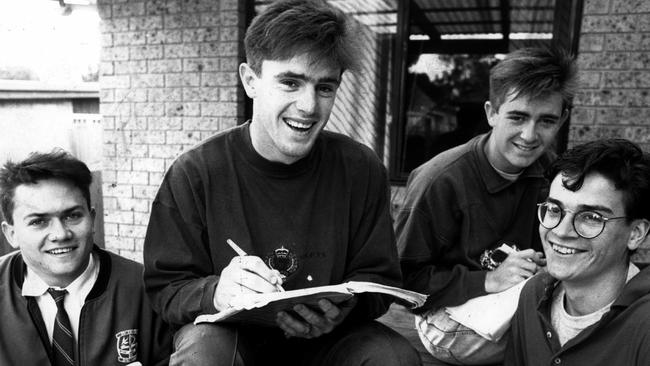 AUGUST 17, 1989 : Student Brad Fittler (2nd L), who plays for Penrith, at the local McCarthy Catholic High School 17/08/89, studying maths with friends (L-R) Marcos Leslie (17) Glen Shipley (18) and Rob McDonald (17). pic David Hickson.NSW / EducationRugby League / Junior