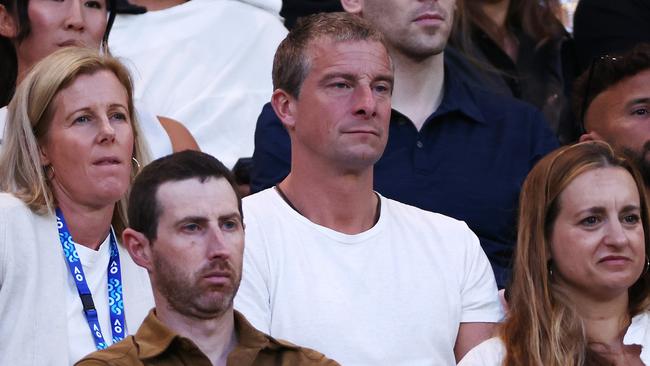 Shara Grylls and Bear Grylls watching the men's singles final on Sunday night. Picture: Getty