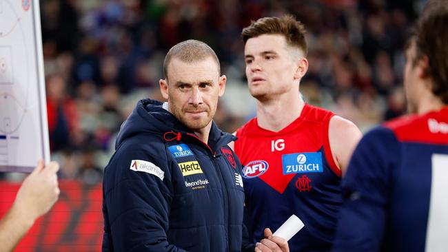 MELBOURNE, AUSTRALIA - AUGUST 23: Simon Goodwin, Senior Coach of the Demons looks on during the 2024 AFL Round 24 match between the Melbourne Demons and the Collingwood Magpies at The Melbourne Cricket Ground on August 23, 2024 in Melbourne, Australia. (Photo by Dylan Burns/AFL Photos via Getty Images)