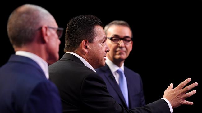 Former Premier Jay Weatherill, former SA Best leader Nick Xenophon and Premier Steven Marshall during a 2018 leaders debate. Picture: Tracey Nearmy