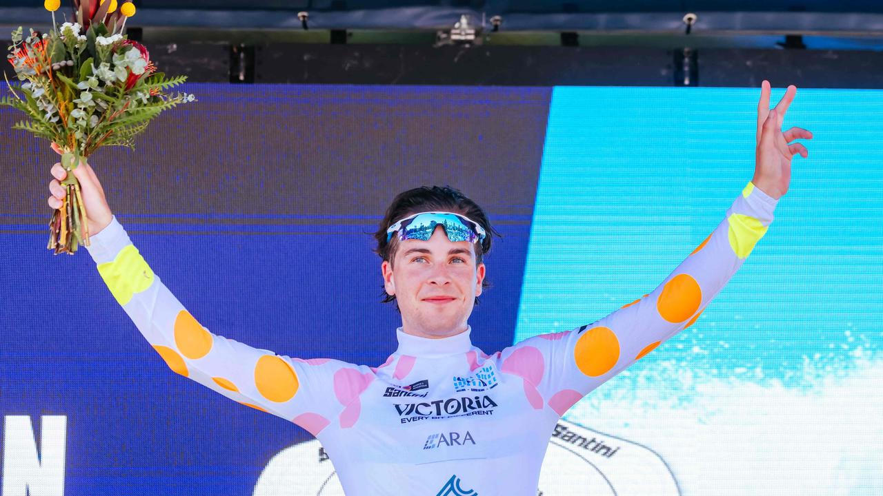 Mountain jersey winner Rudy Porter of ARA Australian Cycling Team celebrates on the podium. Picture: Chris Putnam/AFP