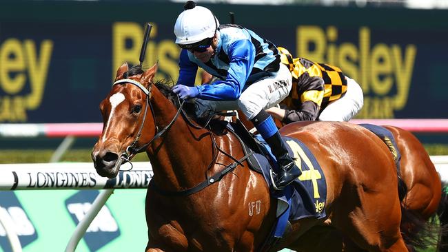 SYDNEY, AUSTRALIA - OCTOBER 14: Kerrin Mcevoy riding Arctic Glamour wins Race 3 Bisley Workwear Reginald Allen Quality during Sydney Racing - TAB Everest Day at Royal Randwick Racecourse on October 14, 2023 in Sydney, Australia. (Photo by Jeremy Ng/Getty Images)