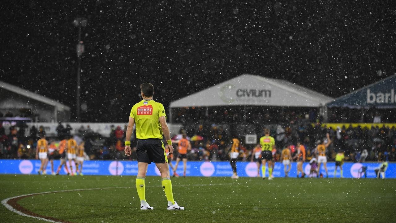 Snow is falls during the match between GWS and Hawthorn in Canberra. Picture: AAP / Lukas Coch