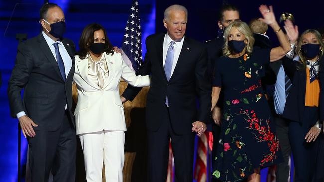 President-elect Joe Biden, his wife Jill Biden, Vice President-elect Kamala Harris and husband Doug Emhoff. Picture: Tasos Katopodis/Getty Images/AFP