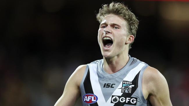 Xavier Duursma reacts during Port Adelaide’s 57-point win over cross-town rival Adelaide. Picture: Sarah Reed