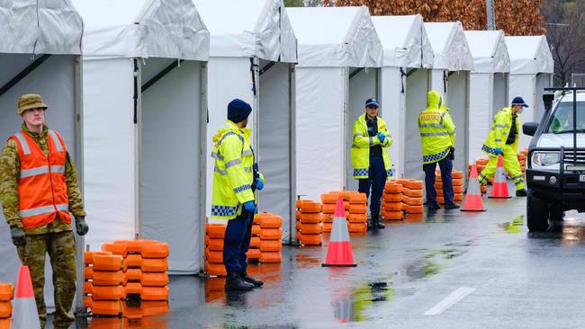 Police man a roadblock at the NSW border. Picture: Simon Dallinger