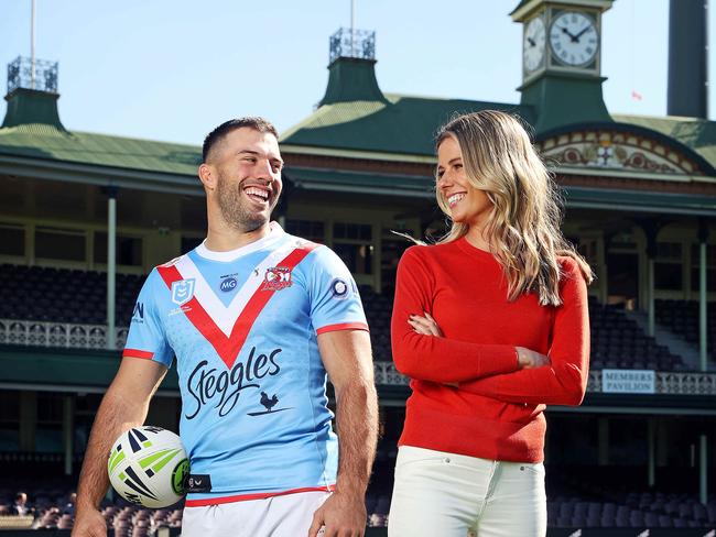 James Tedesco and Lara Pitt from Fox League, which has a Triple-header of NRL games Live from 1.00pm on ANZAC DAY. Picture: Tim Hunter.