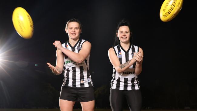 Crows AFLW player Chloe Scheer (L) with her sister Abbey at Payneham Norwood Union Football Club training. Picture: Dean Martin