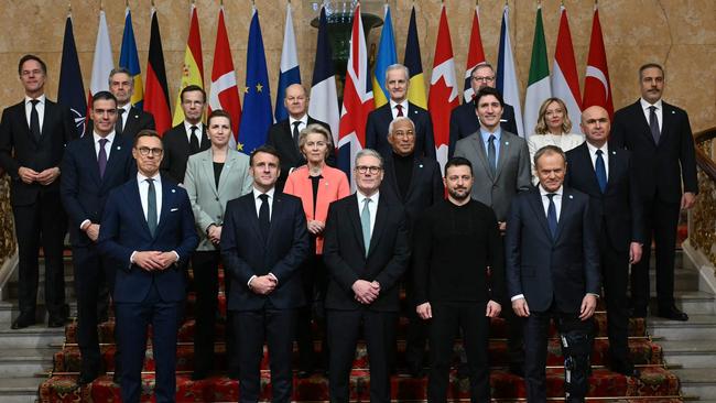 (Back row L-R) NATO secretary-general Mark Rutte, Netherlands' Prime Minister Dick Schoof, Sweden's Prime Minister Ulf Kristersson, Germany's Chancellor Olaf Scholz, Norway's Prime Minister Jonas Gahr Store, Czech Republic's Prime Minister Petr Fiala, Turkey's Minister of Foreign Affairs Hakan Fidan, (Middle row L-R) Spain's Prime Minister Pedro Sanchez, Denmark's Prime Minister Mette Frederiksen, European Commission President Ursula von der Leyen, European Council President Antonio Costa, Canada's Prime Minister Justin Trudeau, Italy's Prime Minister Giorgia Meloni, Romania's Interim President Ilie Bolojan, (Front row L-R) Finland's President Alexander Stubb, France's President Emmanuel Macron, Britain's Prime Minister Keir Starmer, Ukraine's President Volodymyr Zelensky and Poland's Prime Minister Donald Tusk pose for a family photograph during a summit held at Lancaster House in central London. Picture: AFP.